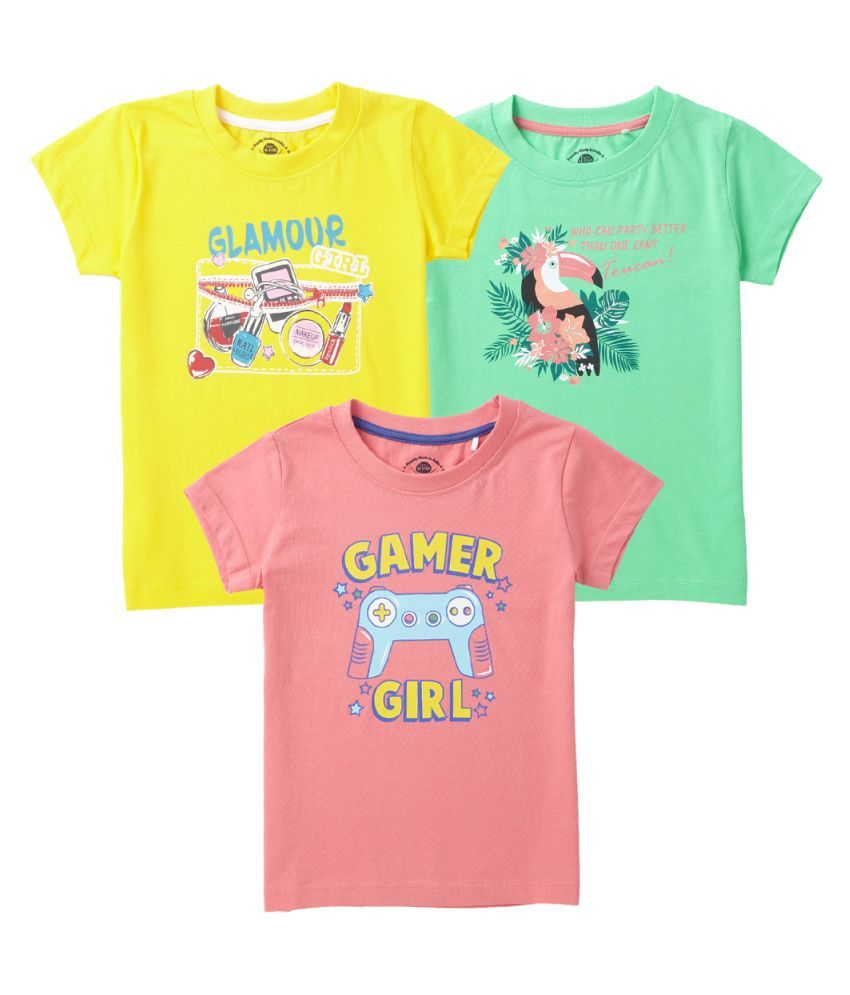     			Cub McPaws Girls Graphic Print Pure Cotton T Shirt (Multicolor, Pack of 3)