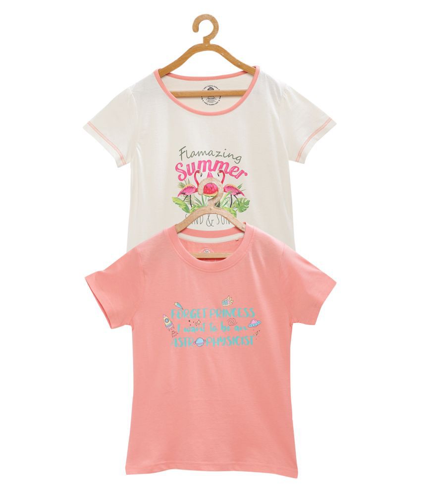     			Cub McPaws Girls Graphic Print Organic Cotton Blend T Shirt (Multicolor, Pack of 2)