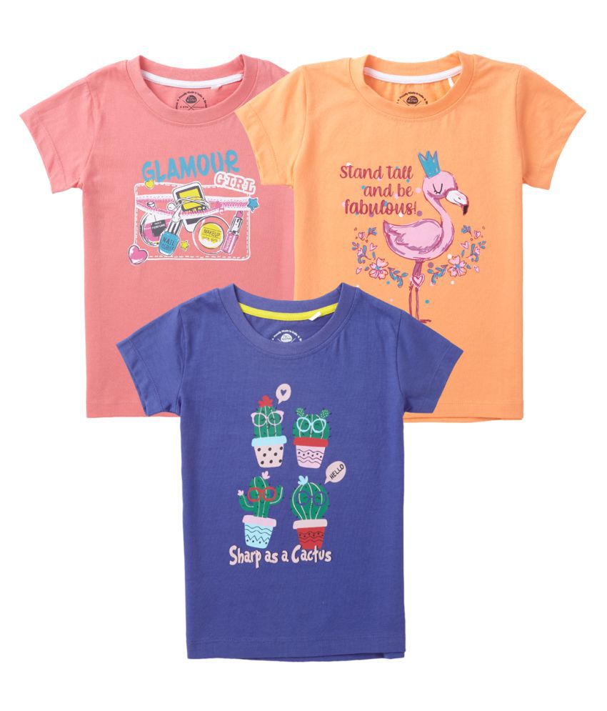     			Cub McPaws Girls Graphic Print Pure Cotton T Shirt (Multicolor, Pack of 3)