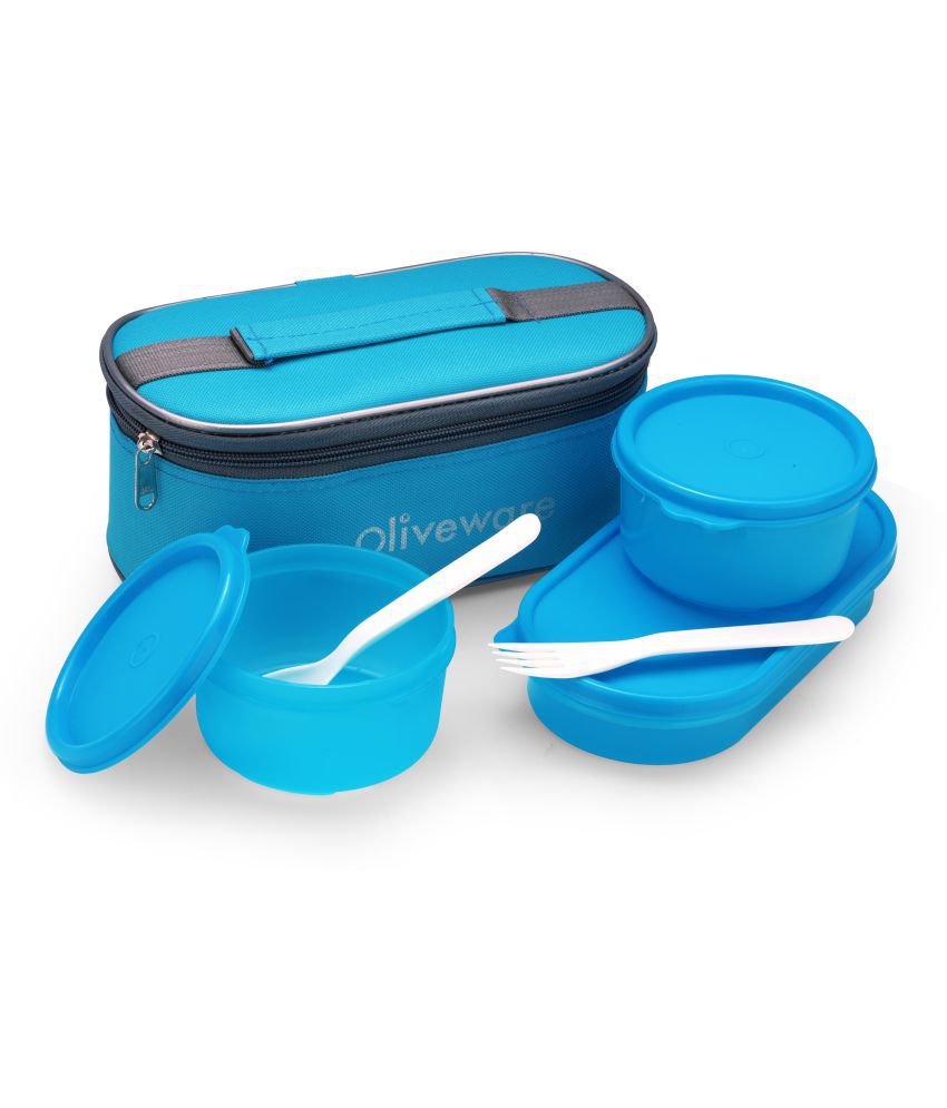     			oliveware and Double Decker Plastic 3 Containers Lunch Box with Spoon and Fork and Fabric Bag (Blue)