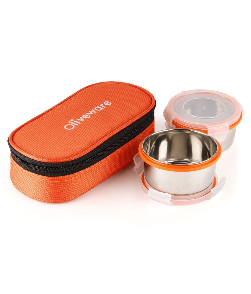 Oliveware Crunch Lunch Box Stainless Steel - 2 Containers - Orange