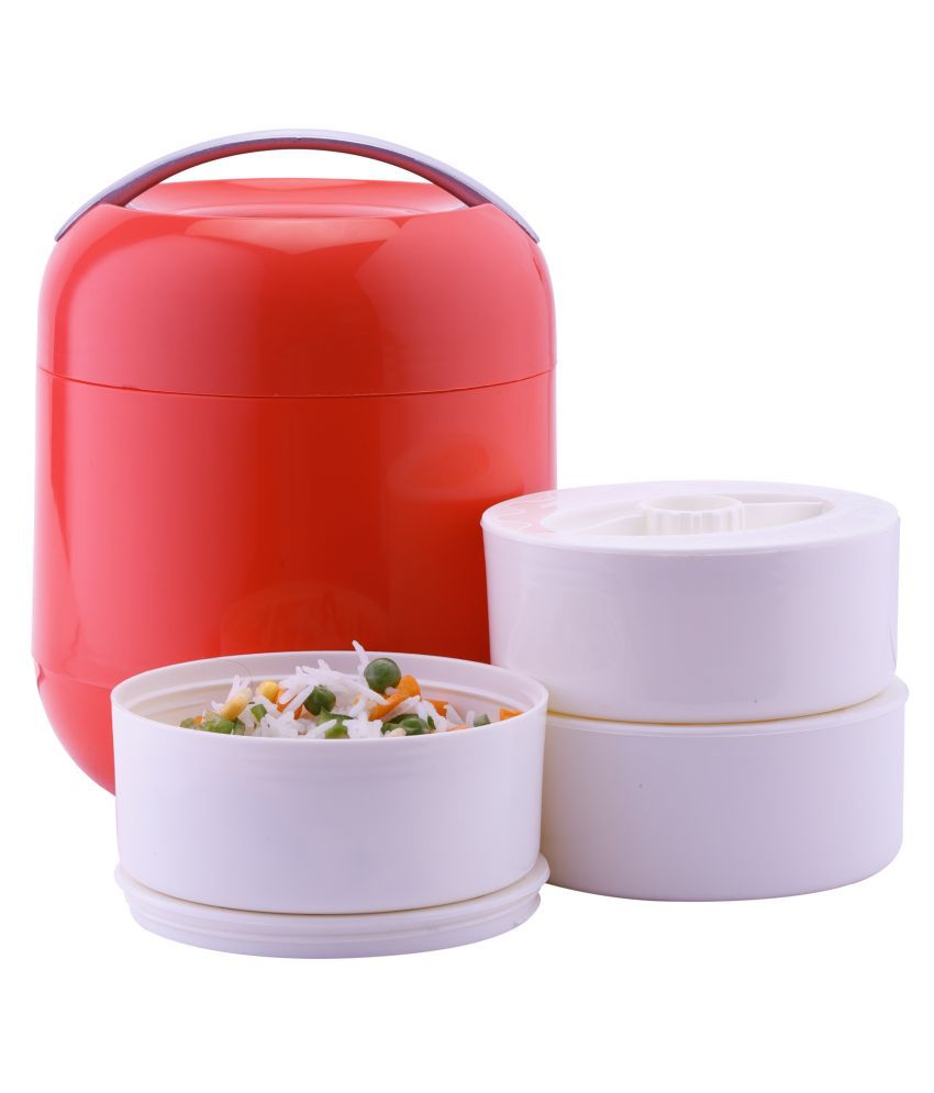 Oliveware Bella Lunch Box - 3 Containers & Complete Meal Hot Case - Red