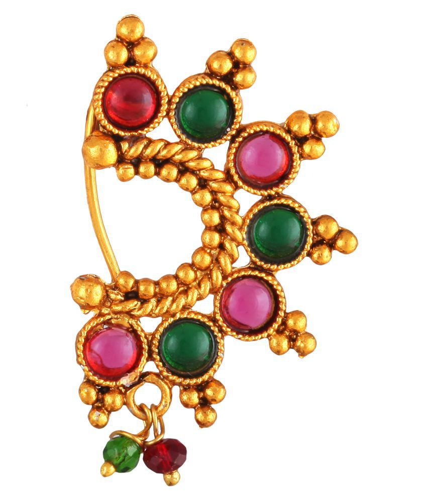 Vighnaharta Oxidised Gold with Artificial stone and beads Alloy Maharashtrian banu Nath Nathiya./ Nose Pin for women -VFJ1033NTH-Press