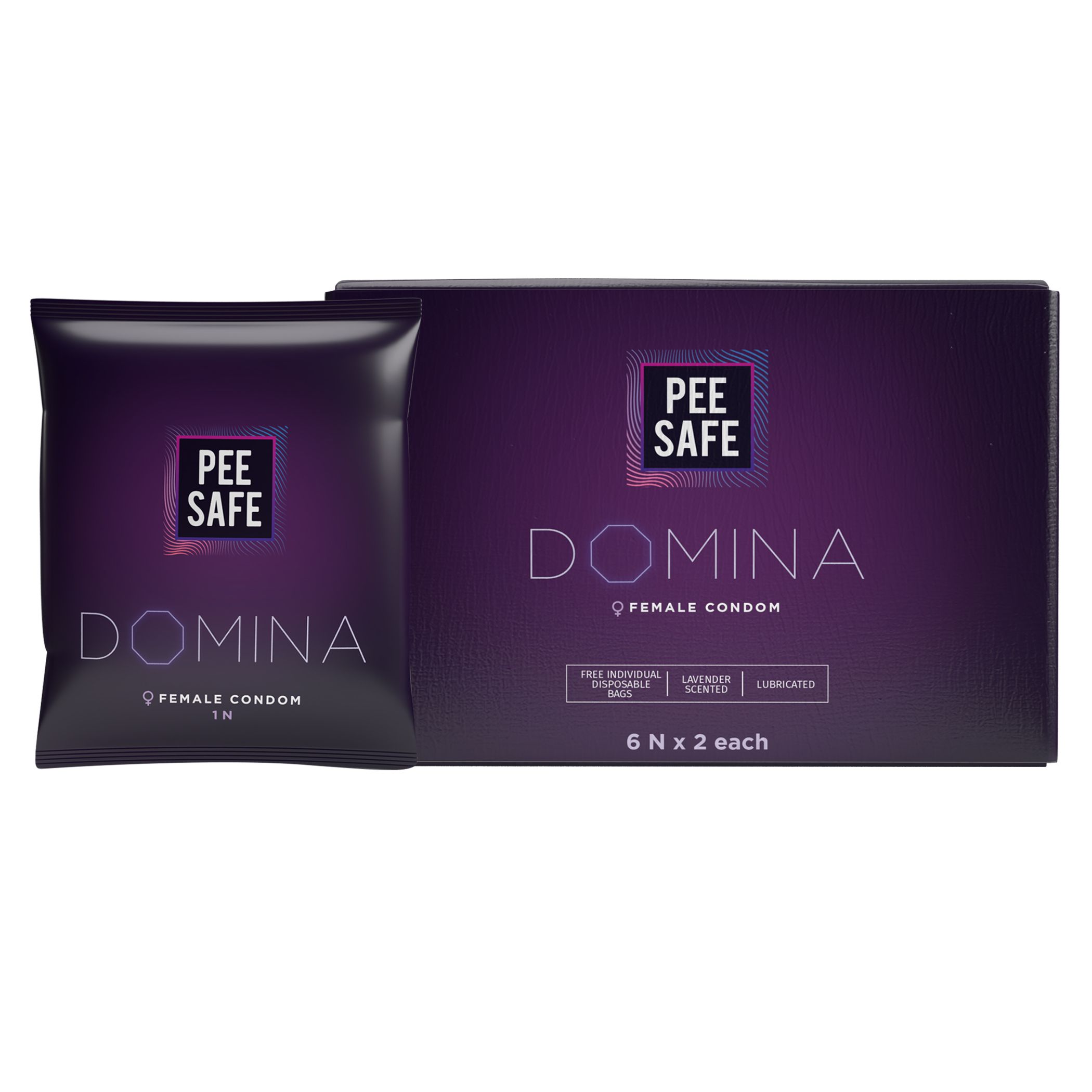 Pee Safe Domina Female Condom No Artificial Colour Dye Made with Natural Rubber Latex Lavender Fragrance With Biodegradable Disposable Bags, 12 count