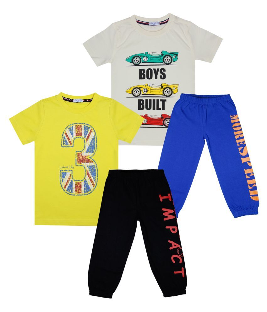     			Luke and Lilly Boys Pack of 2 Printed Cotton T-shirt with Track Pants