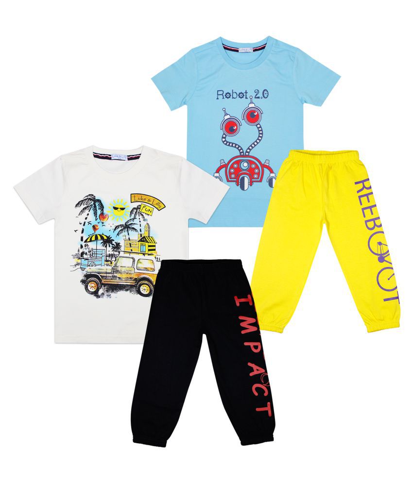     			Luke and Lilly Boys Pack of 2 Printed Cotton T-shirt with Track Pants