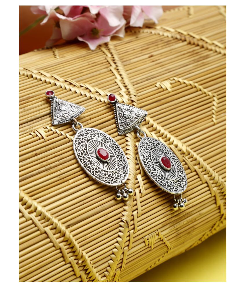     			NEUDIS Oxidised Ethnic Antique Silver Toned Red Stone Studed Floral Drop Earring
