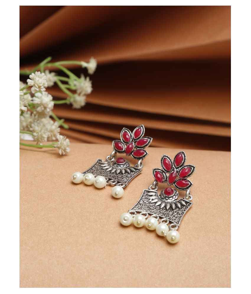     			NEUDIS Oxidised Ethnic Antique Silver Toned Red Stone & White Pearl Studed Floral Tassled Drop Earring
