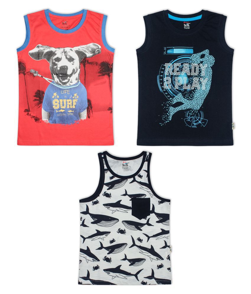 Meet The Boyz 100% Cotton Knitted Round Neck Sleeveless Casual Fit Solid Colour Printed T-Shirt For Boys Pack of 3
