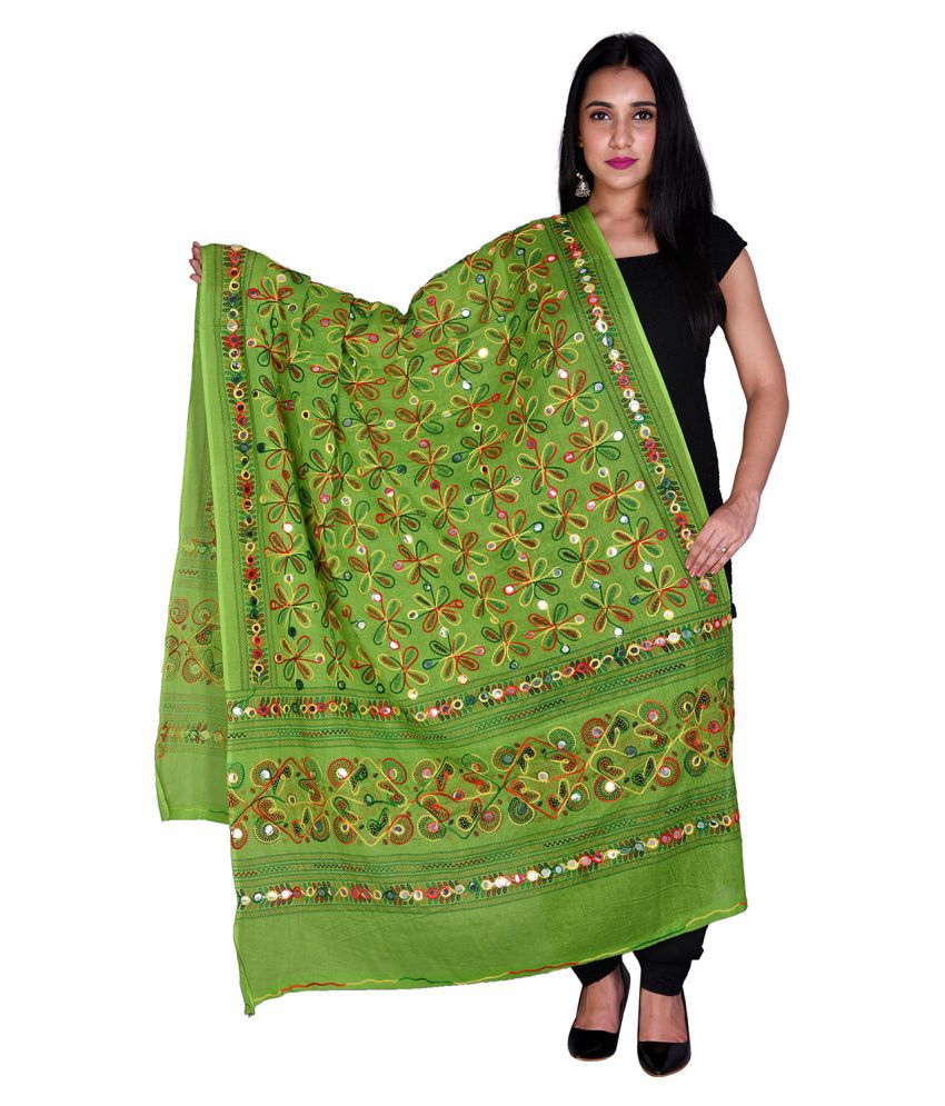     			Raj Green Cotton Aari Embroidered Dupatta - Single