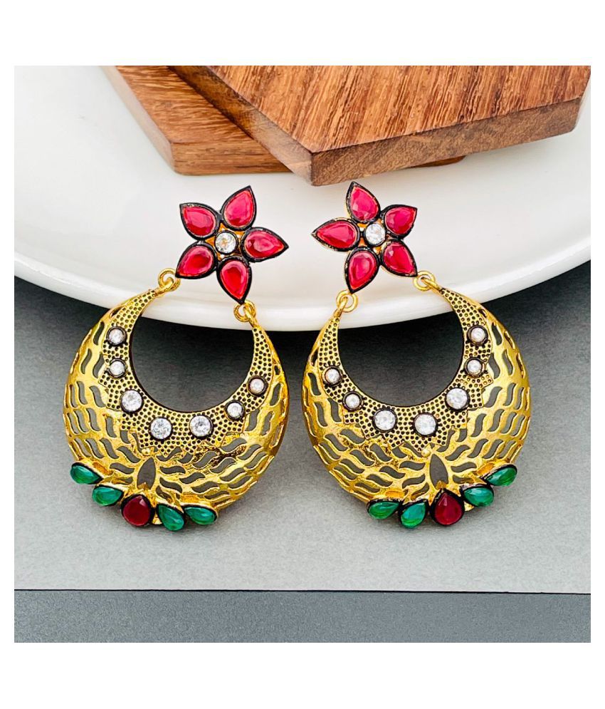    			The Jewelbox Filigree Flower Chaand Bali Red Green American Diamond CZ Gold Plated Earring for Women