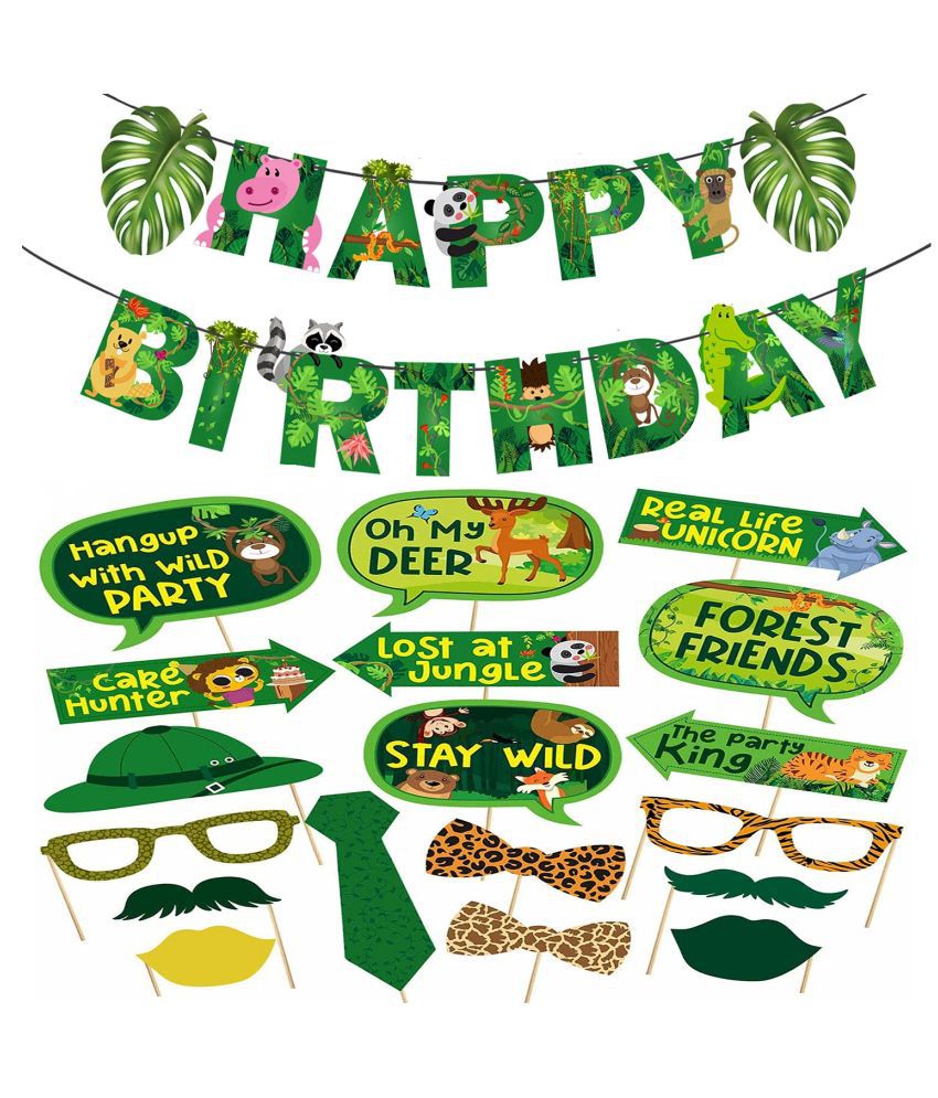     			1 Set Jungle Happy Birthday Banner,18 Pcs Jungle Safari Photo Booth Props Safari Zoo Animal Selfie Photo Booth Picture Backdrop for Jungle Themed Birthday Party Baby Shower Favors Decorations Supplies(Pack of 19)