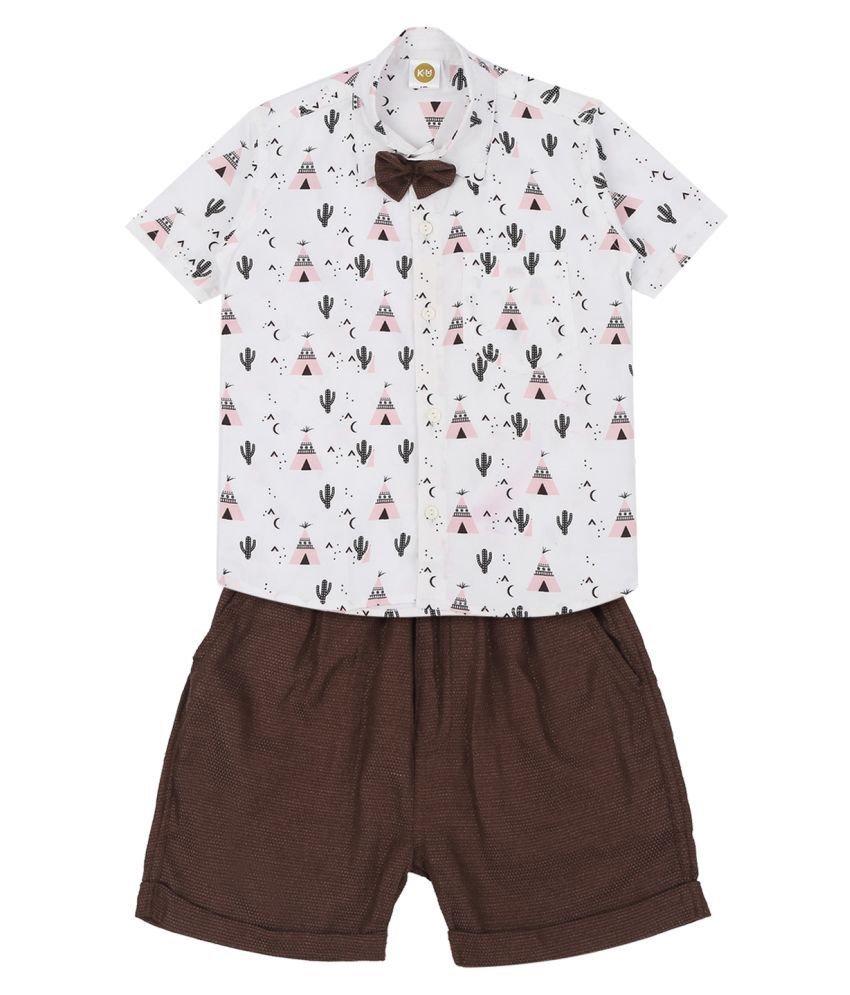     			K&U Boys Printed Shirt Short Sets in White, Brown