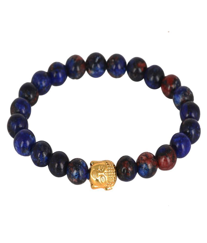     			KESAR ZEMS Natural Blue Lapis Lazuli Stone With Golden Color Buddha Cham Stretchable Bracelet Wrist Stylish Band For Unisex {10 x 2 x 1 CM} Blue.