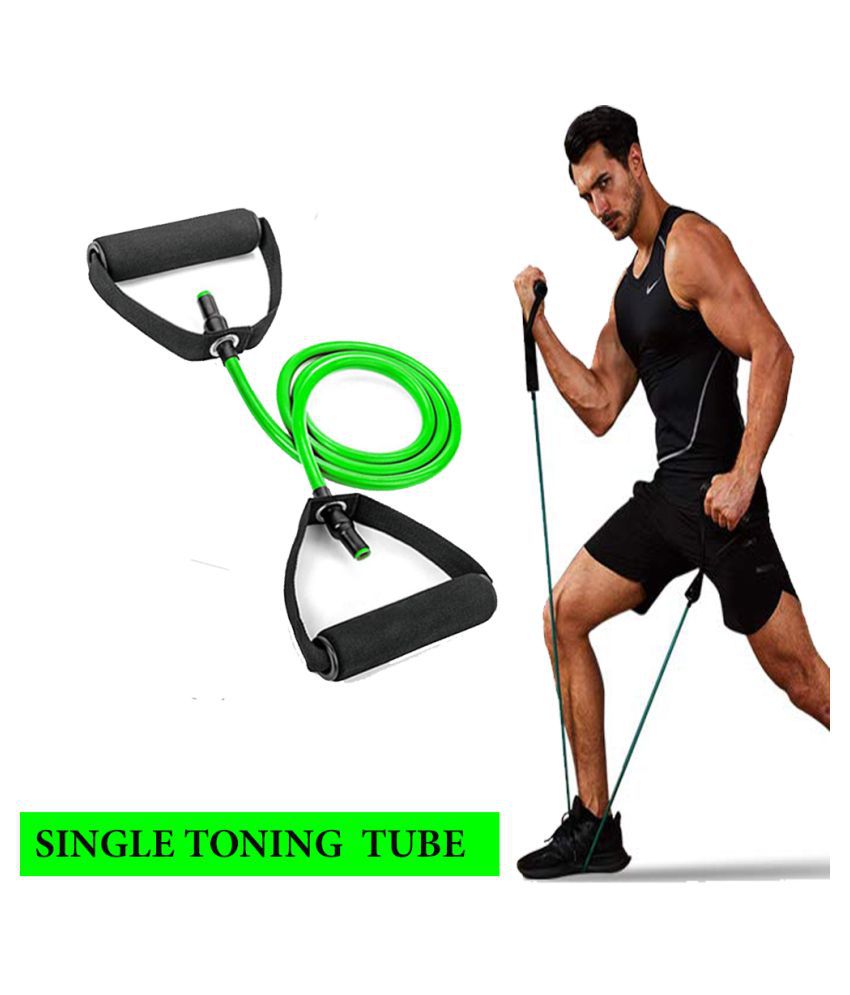     			Single Toning Resistance Tube Pull Rope Exercise Band for Stretching, Workout, Home Gym and Toning with Grip D Shaped Foam Handles for Men and Women(GREEN)