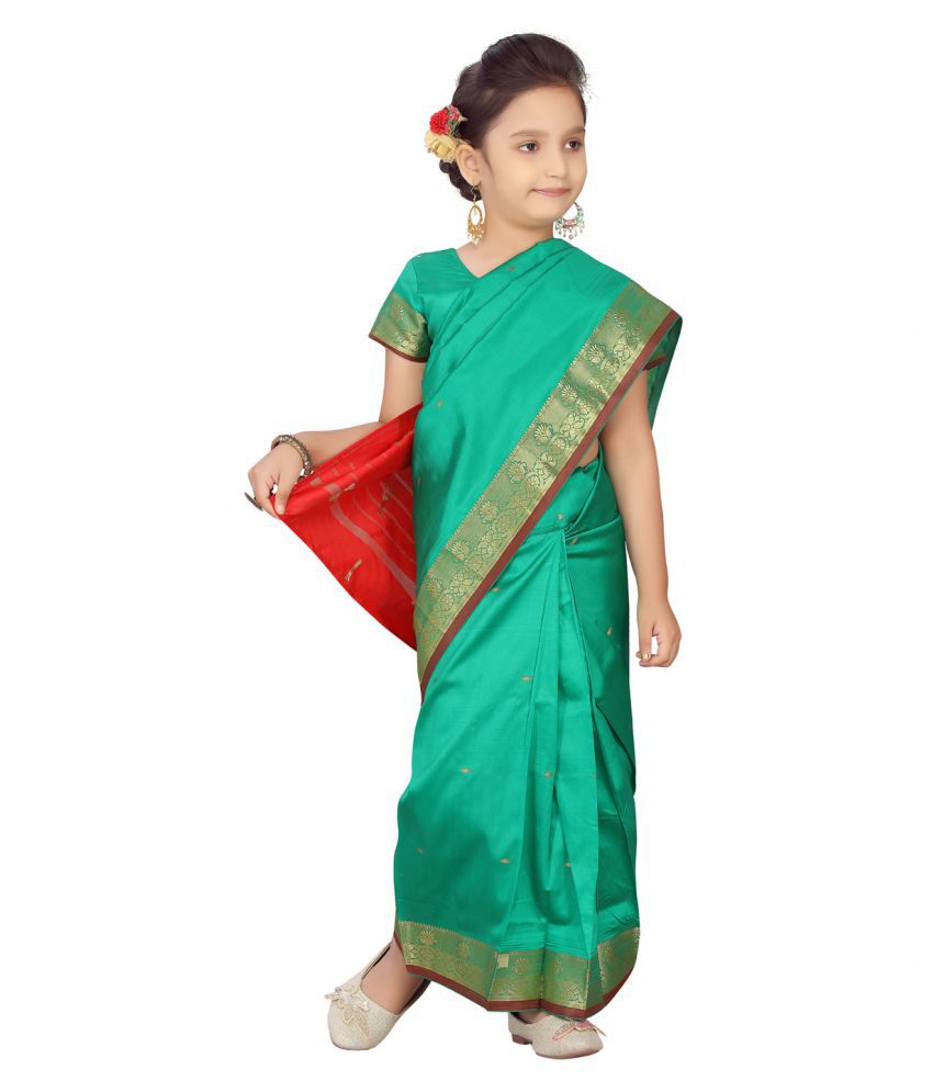 Aarika Girls Green Colour Saari with Stitched Blouse