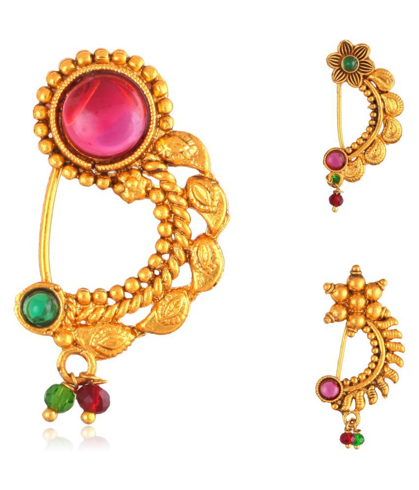     			Vighnaharta Non Piercing Oxidised Gold with Artificial stone and beads Red Stone Alloy Maharashtrian Nath Nathiya./ Nose Pin combo for women VFJ1029-1032-1035NTH-Press