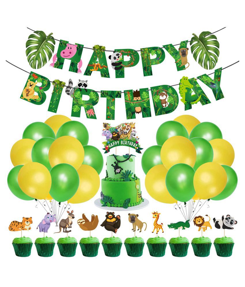     			Jungle Safari Happy Birthday Decoration Kids,Animal Birthday Party Decoration Banner with Latex Balloons, Cake Topper and Cup Cake Topper for Boy Birthday 1st 2nd 3rd 16th 18th 21st (Pack of 37)