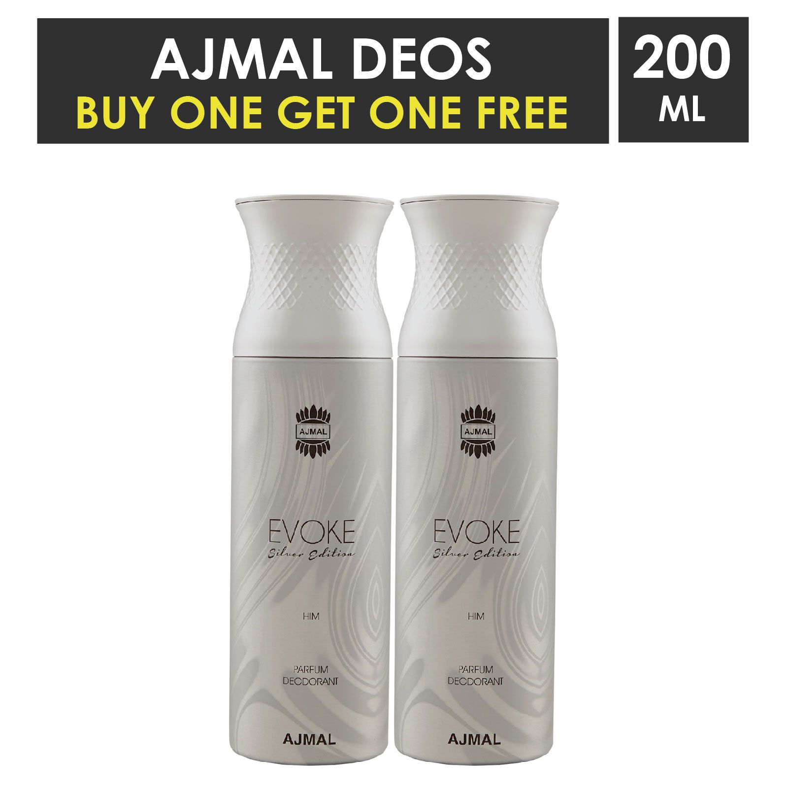     			Ajmal Evoke Silver Him And Evoke Silver Him Deodorants For Men 200mL Each (Buy 1 Get 1)