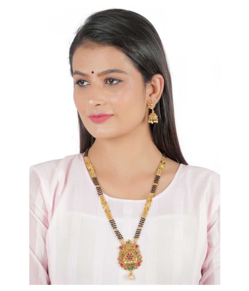     			SONIJEWELLERY Traditional Ethnic One Gram Gold Plated 30 Inch Long Black Beads Latest Stylish Designer Pendant Golden Mangalsutra With Earring for Women