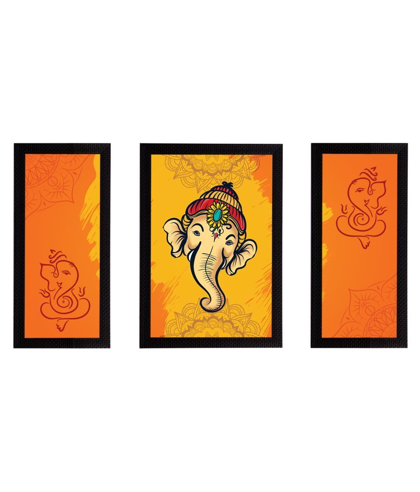     			eCraftIndia Set of 3 Orange & Yellow Lord Ganesha Satin Matt Textured UV Wall Arts