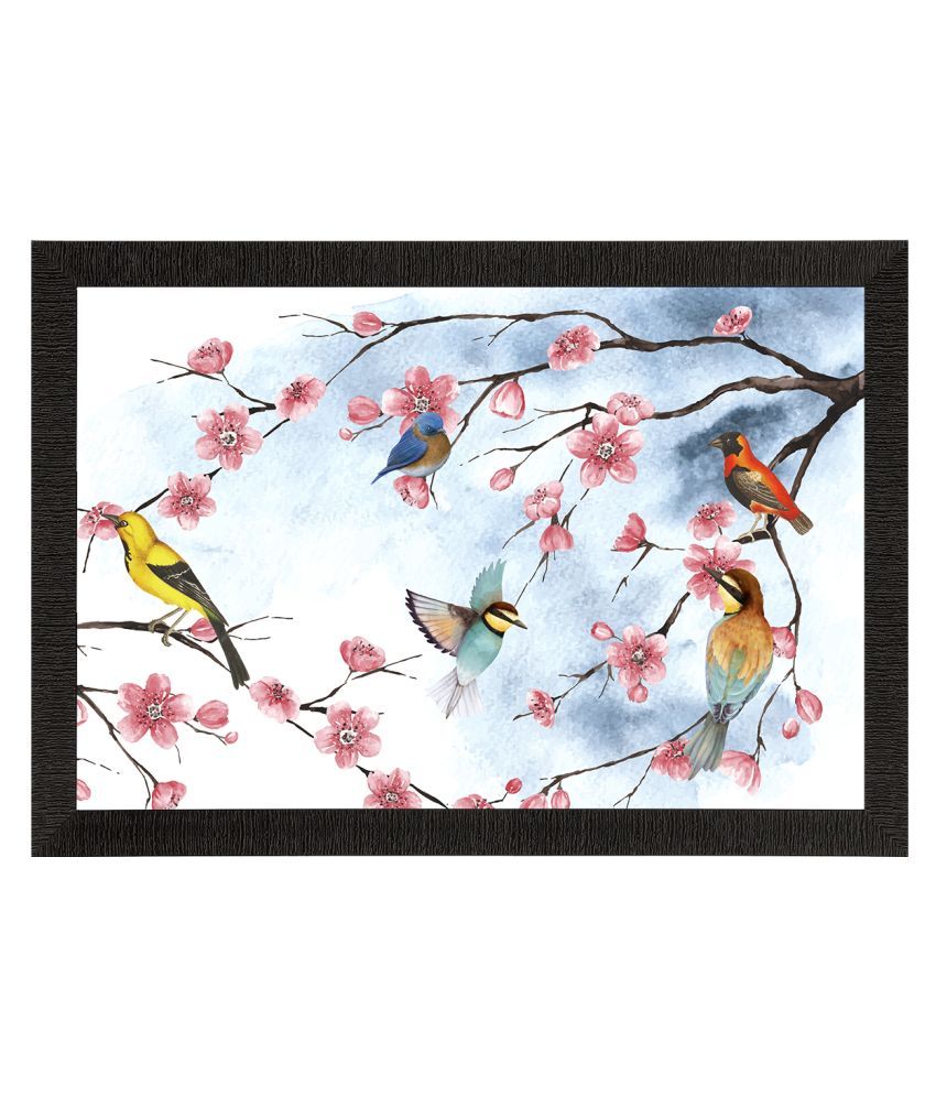     			eCraftIndia White & Black Birds Sitting On Tree Branch Satin Matte Texture Wall Art