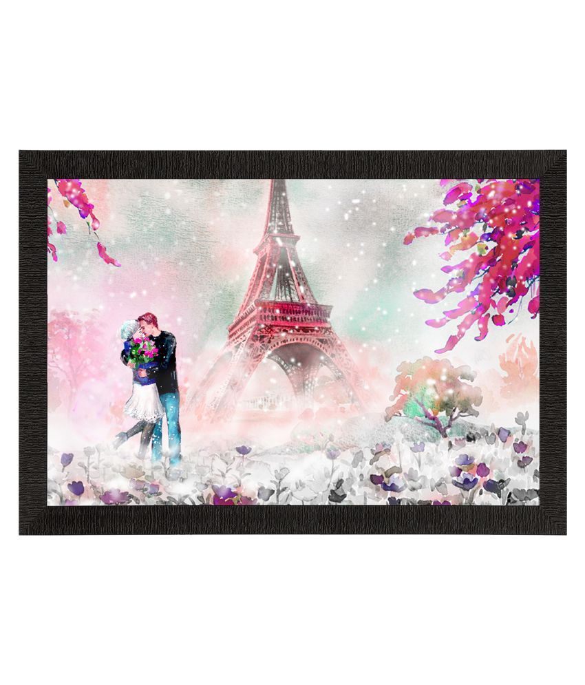     			eCraftIndia White & Pink Kissing Romantic Couple In Front Of Effiel Tower Satin Matt Texture UV Wall Art