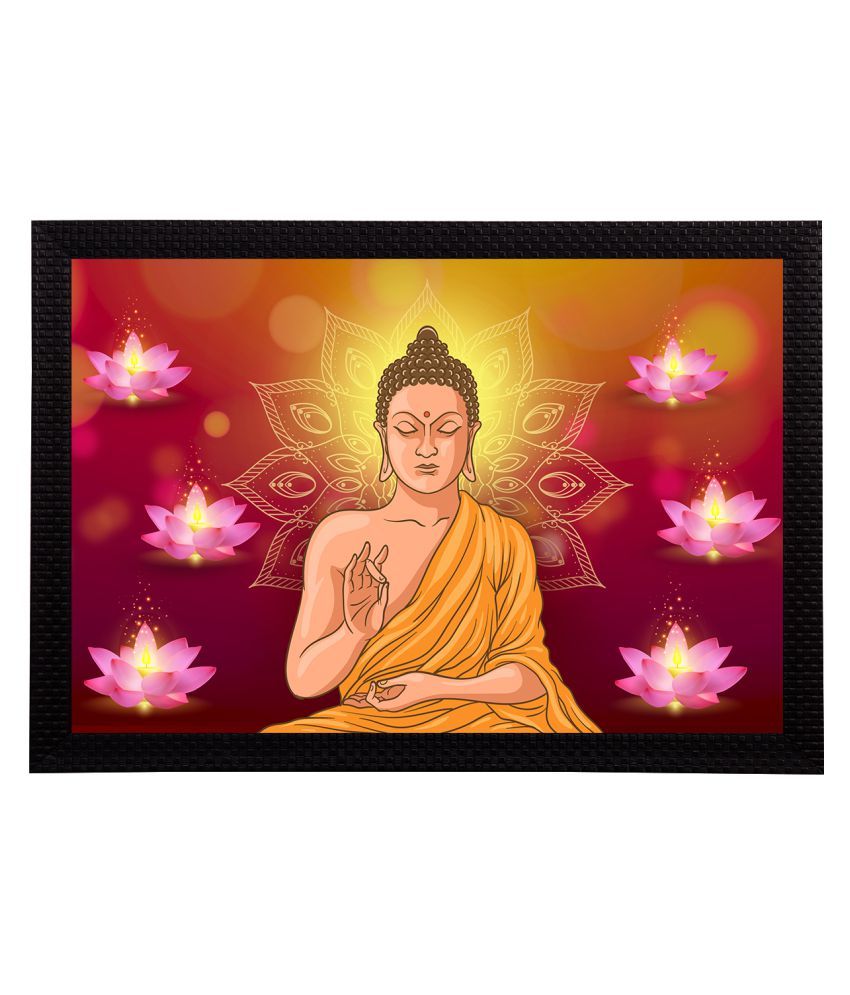     			eCraftIndia Mustard-Yellow & Pink Meditating Lord Buddha Satin Matt Textured UV Wall Art