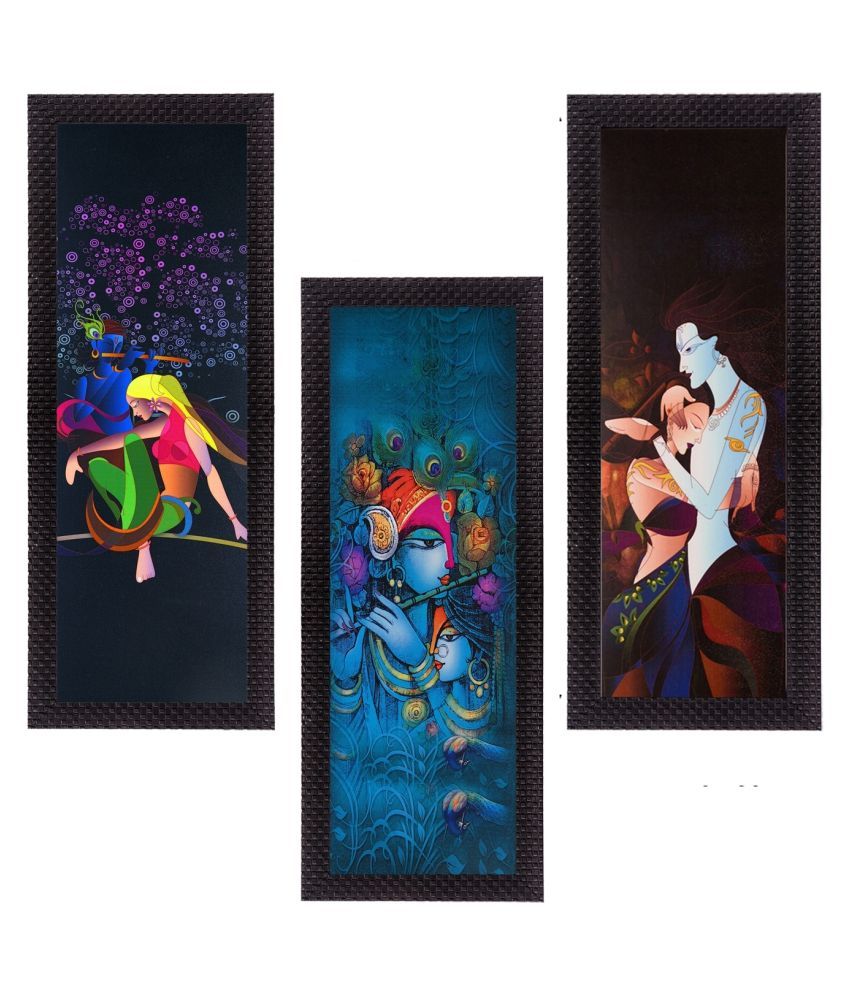     			eCraftIndia Set of 3 Blue & Black Radha Krishna Satin Matt Textured UV Wall Arts