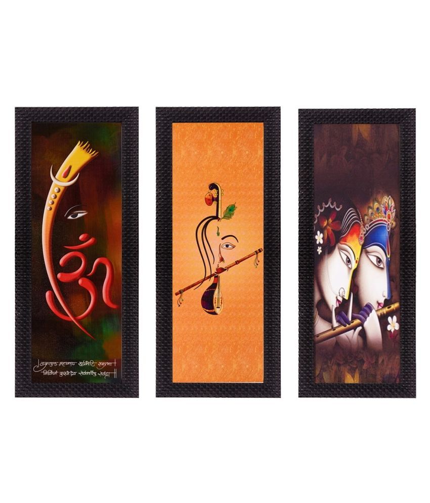     			eCraftIndia Set of 3 Orange & Brown Radha Krishna & Ganesha Satin Matt Texture UV Wall Art