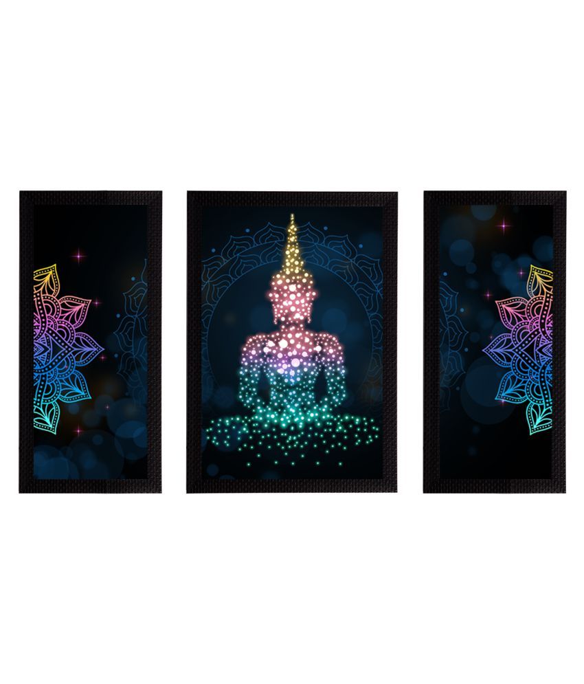     			eCraftIndia Set of 3 Black & Blue Meditating Lord Buddha Satin Matt Textured UV Art Paintings