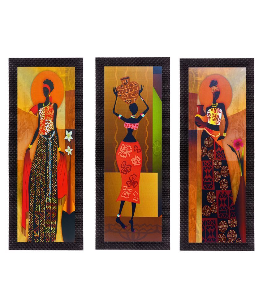     			eCraftIndia Set of 3 Orange & Black Tribal Lady Moments Satin Matt Texture UV Wall Art