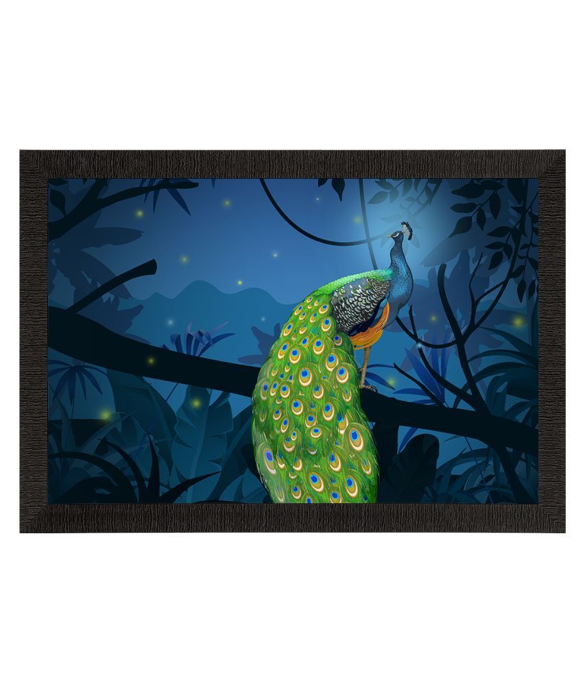     			eCraftIndia Blue & Green Peacock Sitting on Tree Branch Satin Matt Texture UV Art Painting