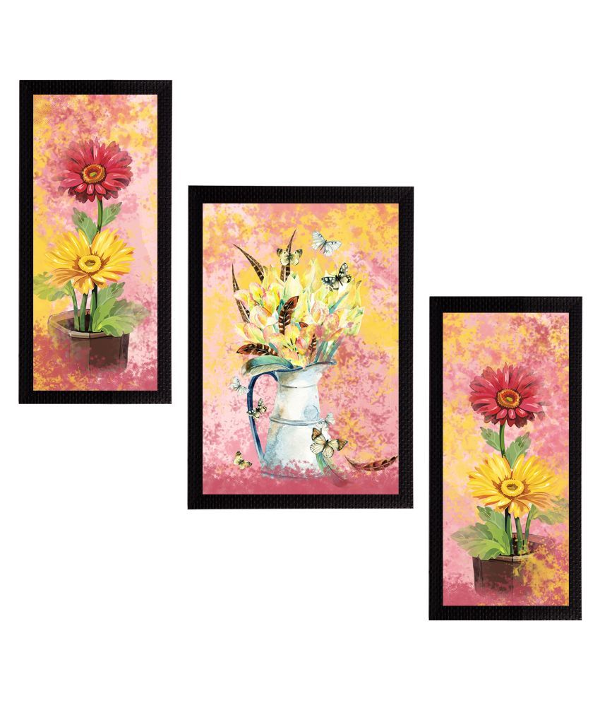     			eCraftIndia Set of 3 Pink & Yellow Botanical & Floral Satin Matt Textured UV Wall Paintings