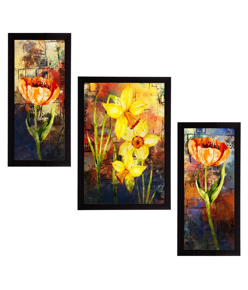     			eCraftIndia Set of 3 Yellow Botanical and Floral Satin Matt Texture UV Wall Arts