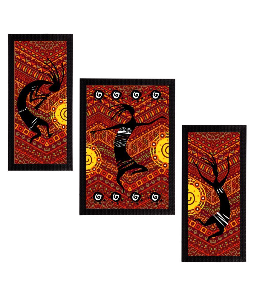     			eCraftIndia Set of 3 Maroon & Orange Tribal Theme Satin Matt Textured UV Wall Paintings