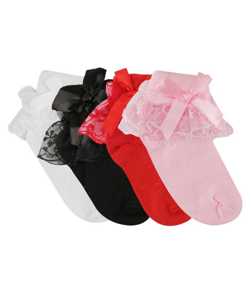 N2S NEXT2SKIN Girl's and Babies Frill Cotton Socks - Pack of 4 Pairs (White:Black:Red:Pink, Medium (4-6 Years))