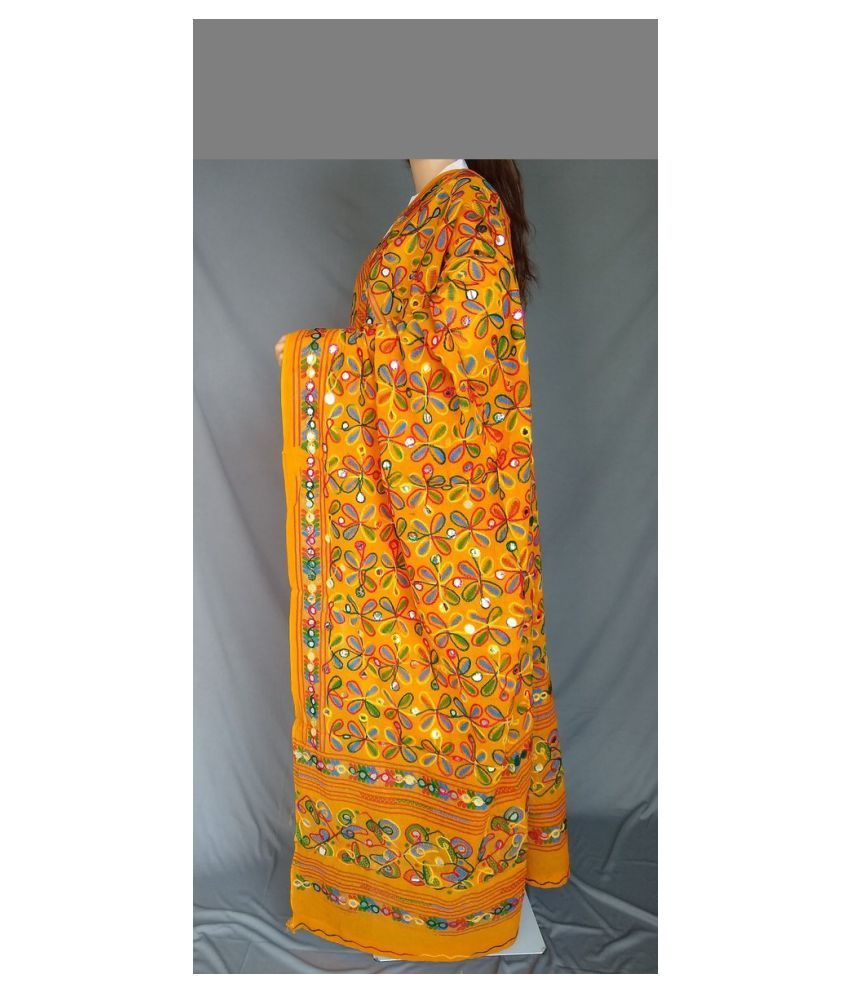     			Apratim Yellow Cotton Kutch Embroidered Dupatta - Single