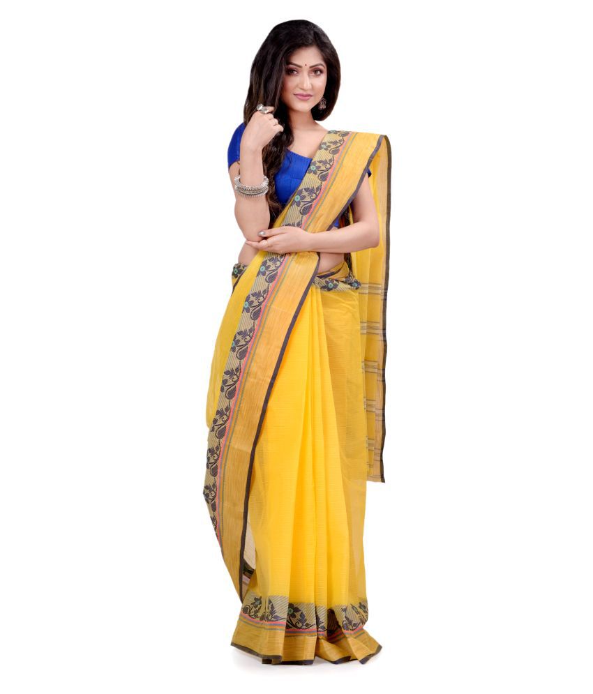     			Desh Bidesh - Yellow Cotton Blend Saree Without Blouse Piece (Pack of 1)