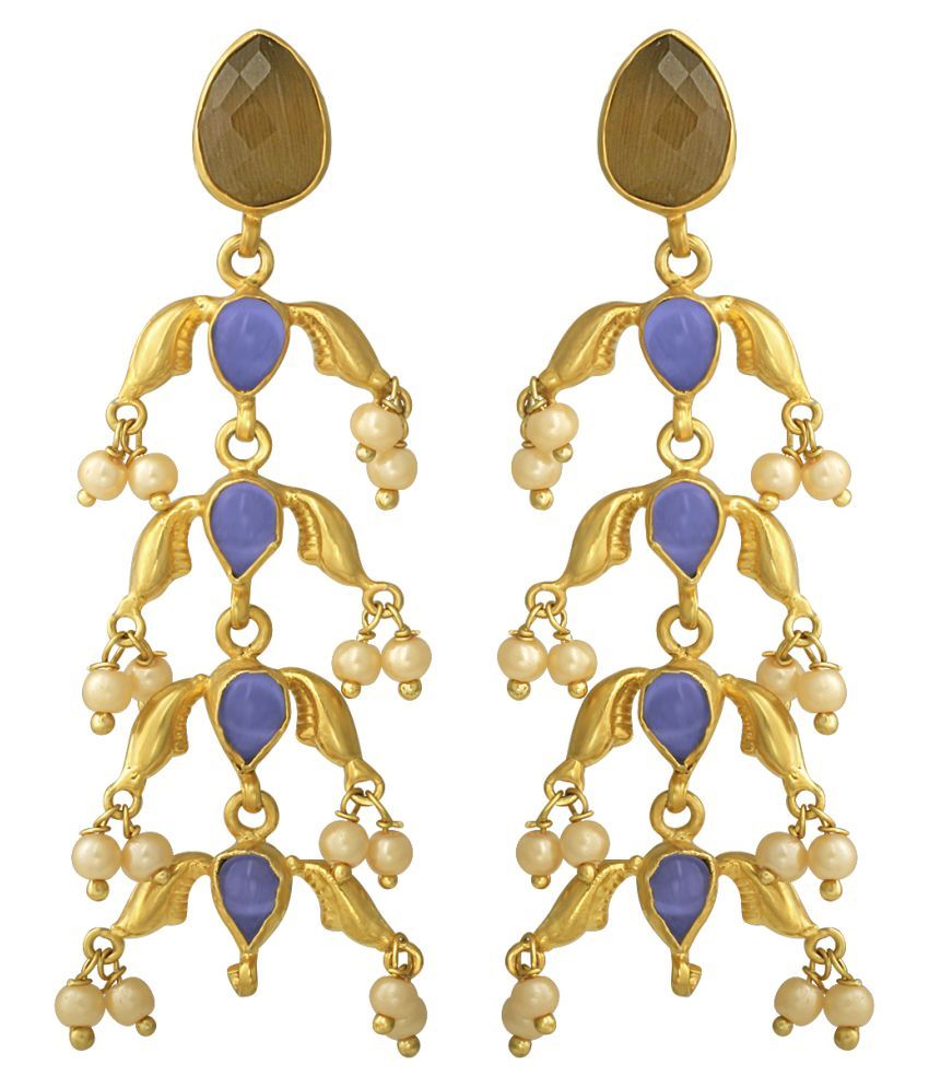     			Spargz Designer Brass Multicolor Gold Plated Matte Finish Synthetic Stone with Pearl Long Hanging Earring AIER 1048