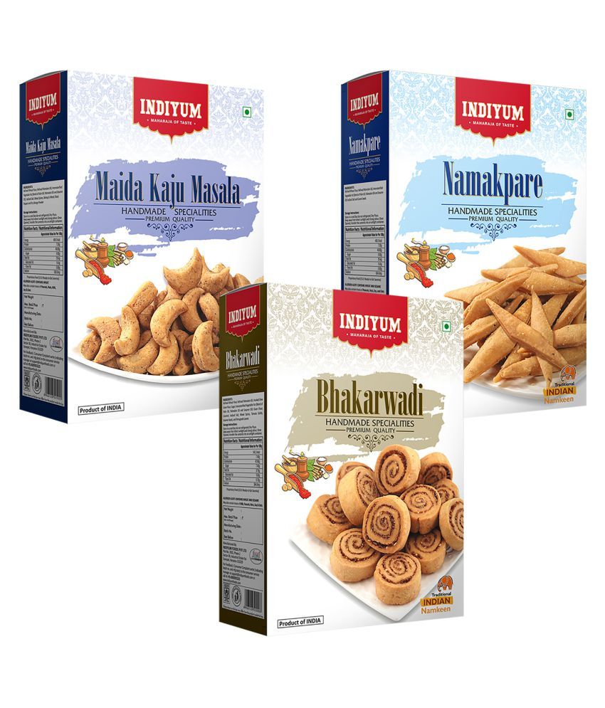     			Indiyum Maida Namkeen Snacks Combo Maida Kaju Masala 400g Namakpare 300g Bakarwadi 300g