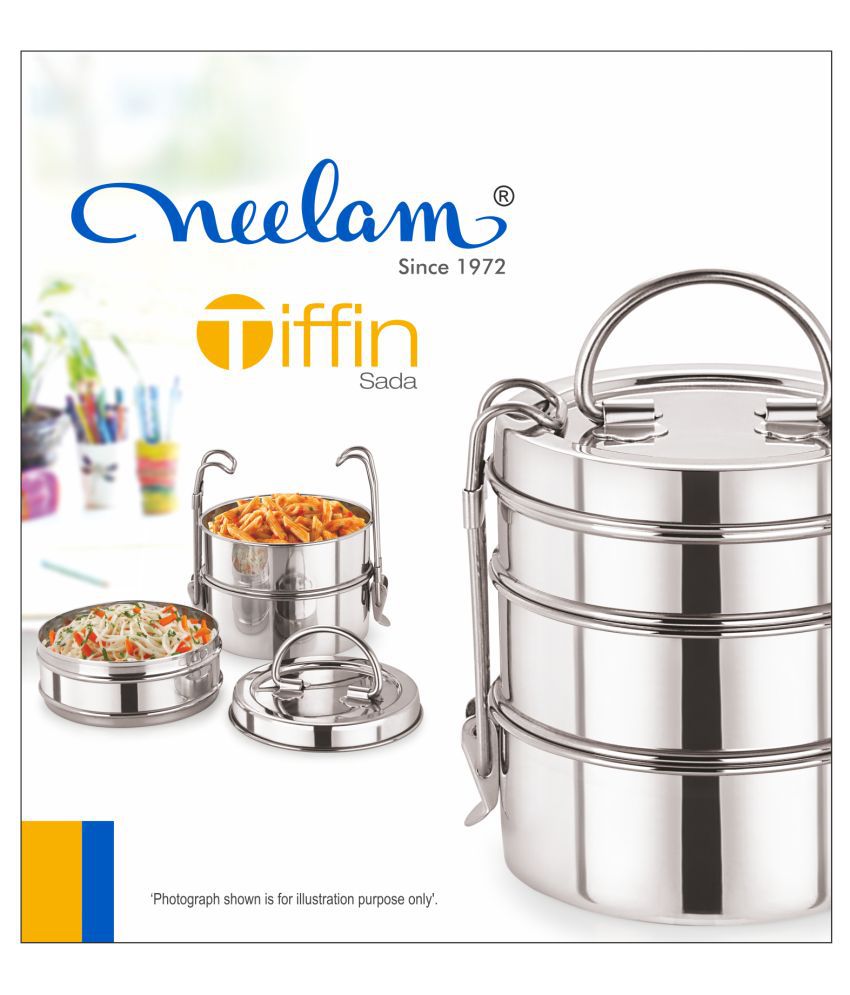     			Neelam Tiffin Plate 9x2 Stainless Steel Lunch Box 3 Container (Pack of 1)