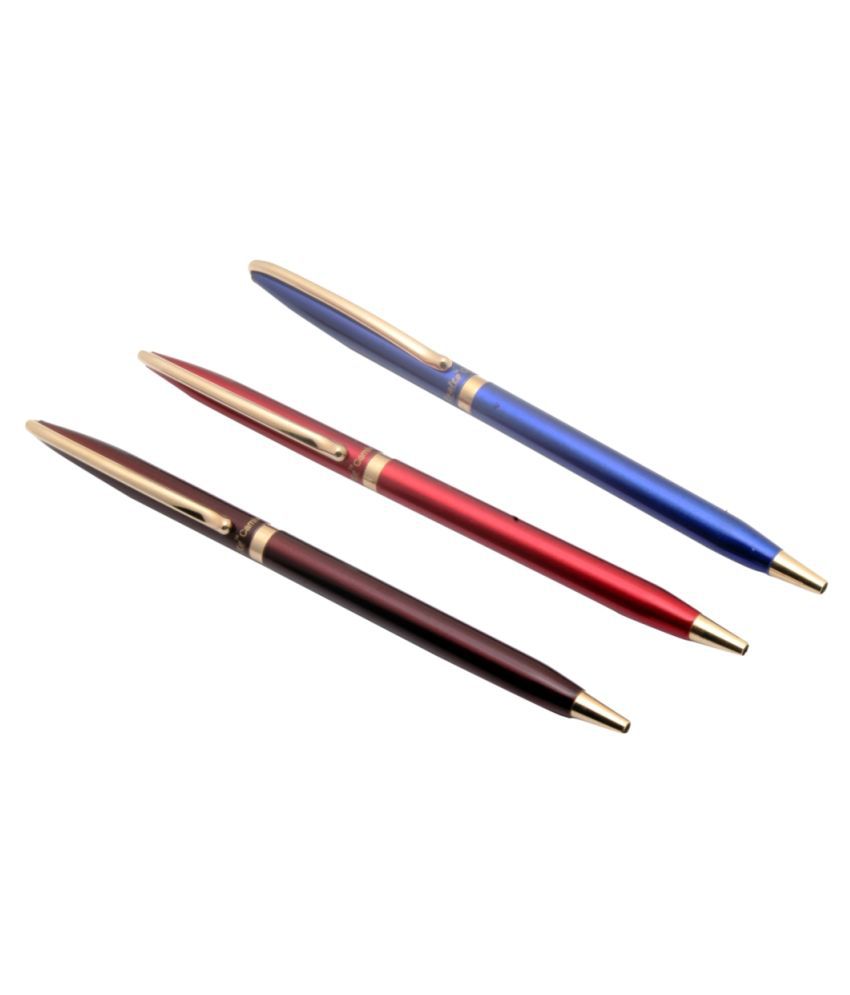     			Set Of 3 - Realto Carnival Sleek Metal Body Ballpoint Pens With Golden Trims New
