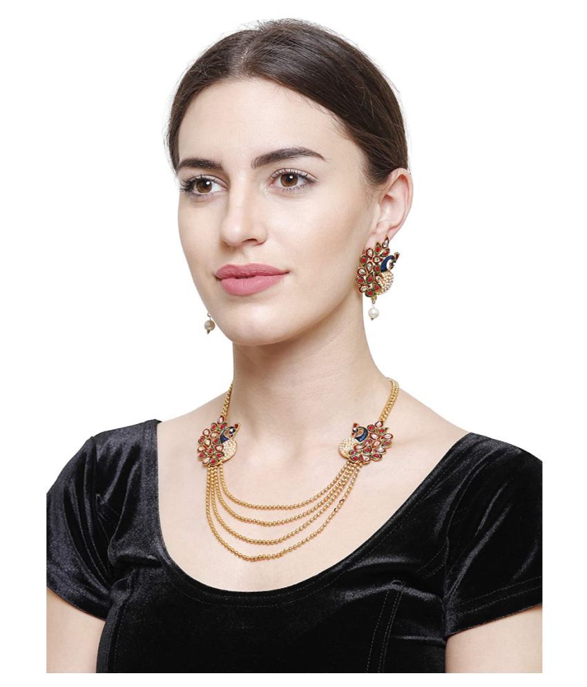     			Youbella Traditional Dancing Peacock Gold Plated Temple Necklace Jewellery Set For Women