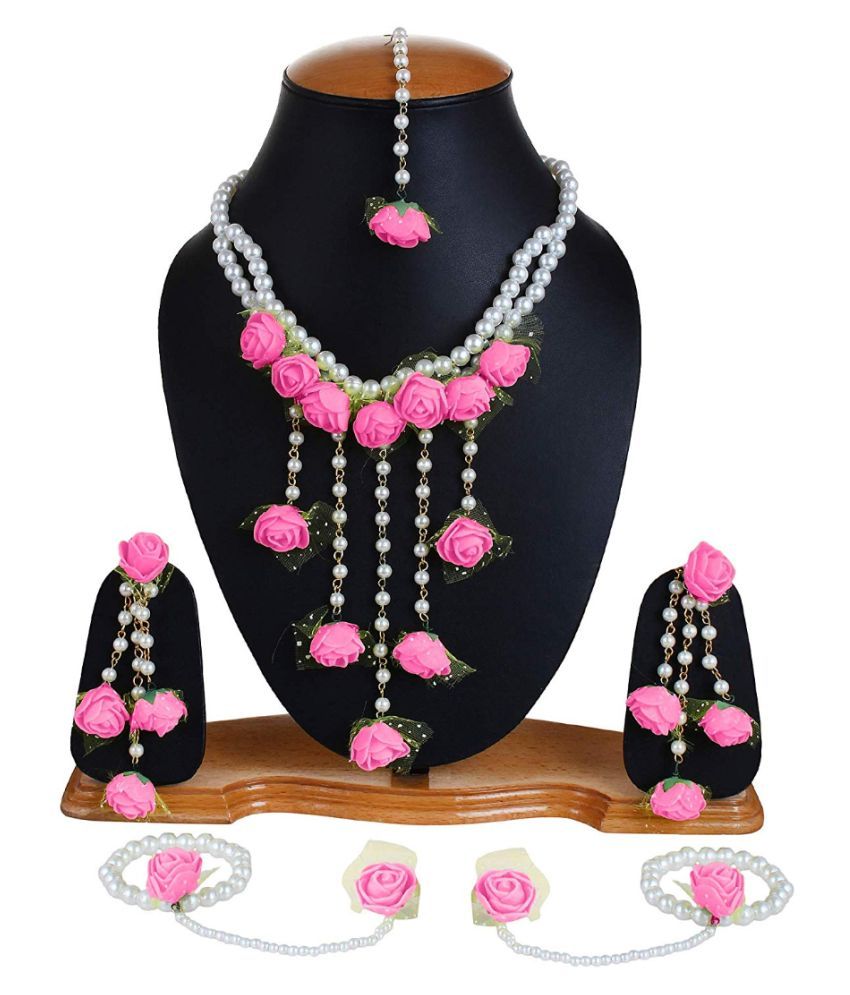     			YouBella Jewellery Set for Women Floret Gota Patti Necklace, Earrings, Bracelet & Maang Tika for Women & Girls (Mehandi/Haldi) (Pink)