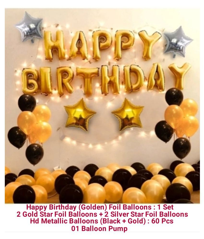 JEENAL TRENDS HAPPY BIRTHDAY (GOLDEN) LETTER FOIL BALLOON + 60 BALLOONS (GOLD+BLACK)+ 4 STAR FOIL BALLOON (SILVER+ GOLDEN)+ FREE PUMP