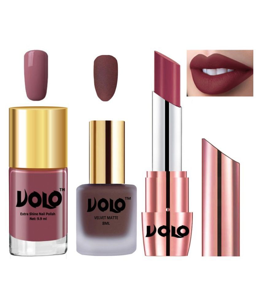     			VOLO Multicolor Combo of 3 Pcs HD Shine Nudes Spring Nail Polish,  Matte Chocolate Brown Nail Polish and Creme Matte Cherry Lipstck Makeup Kit Pack of 3 21