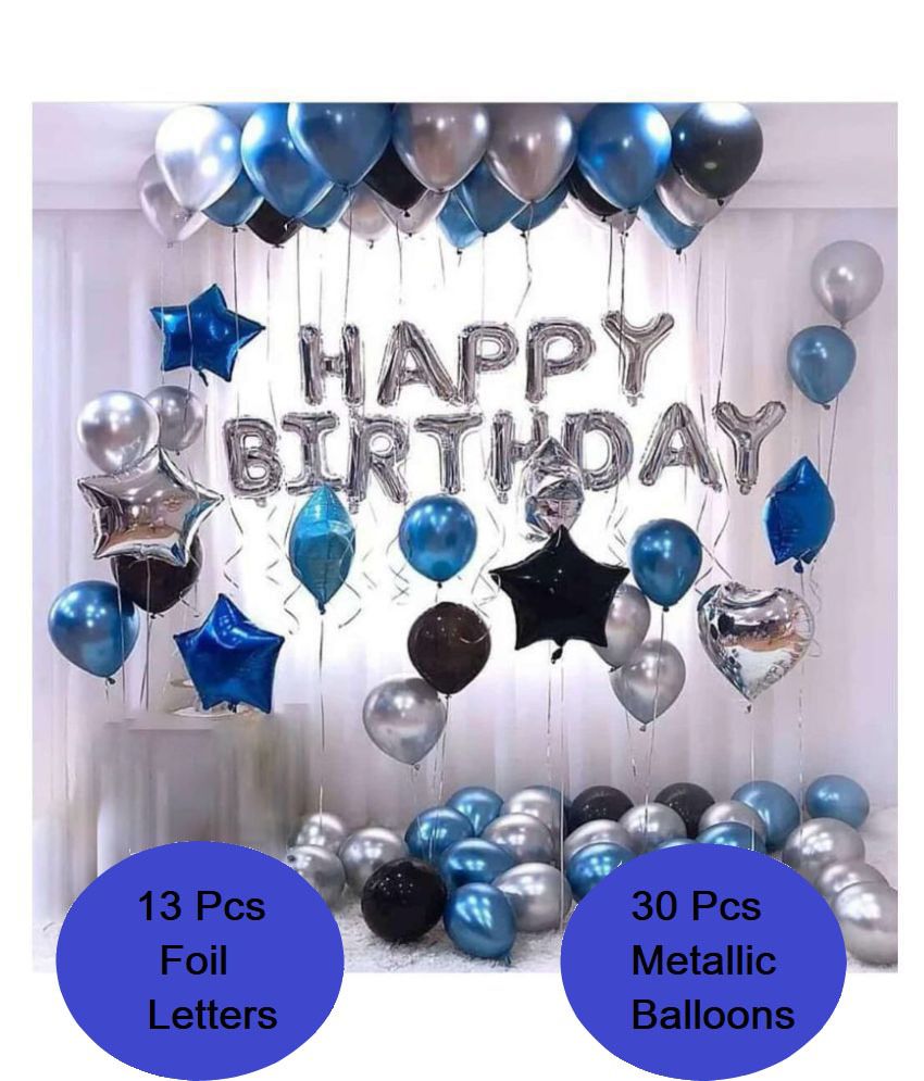    			Happy Birthday Letter Foil Balloon Set of Silver + Pack of 30 HD Metallic Balloons (Black, Blue and Silver) for Birthday Decoration