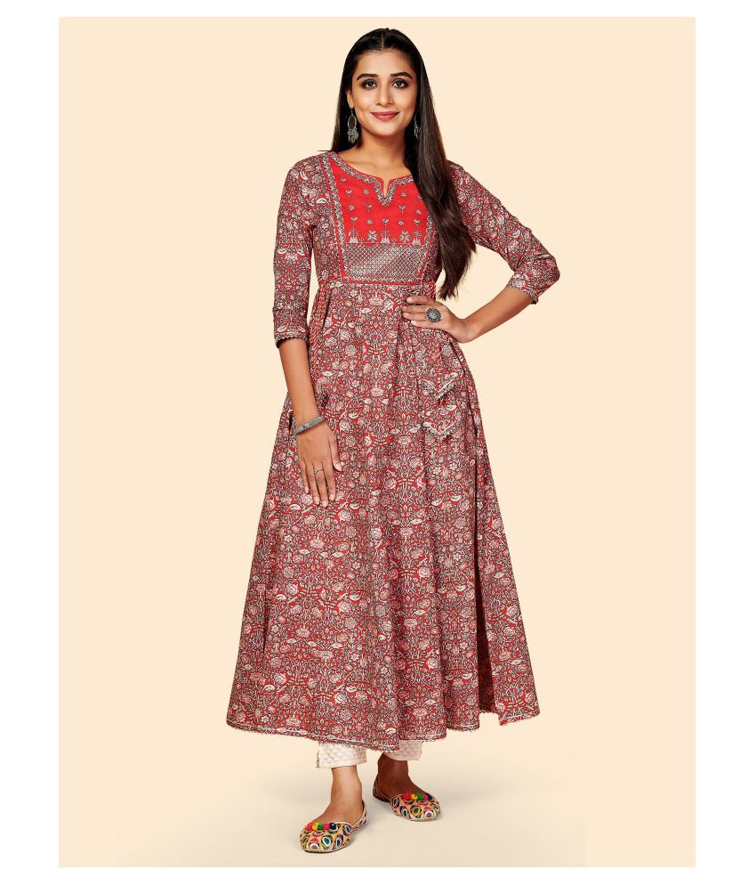     			Vbuyz Red Cotton Anarkali Kurti - Single