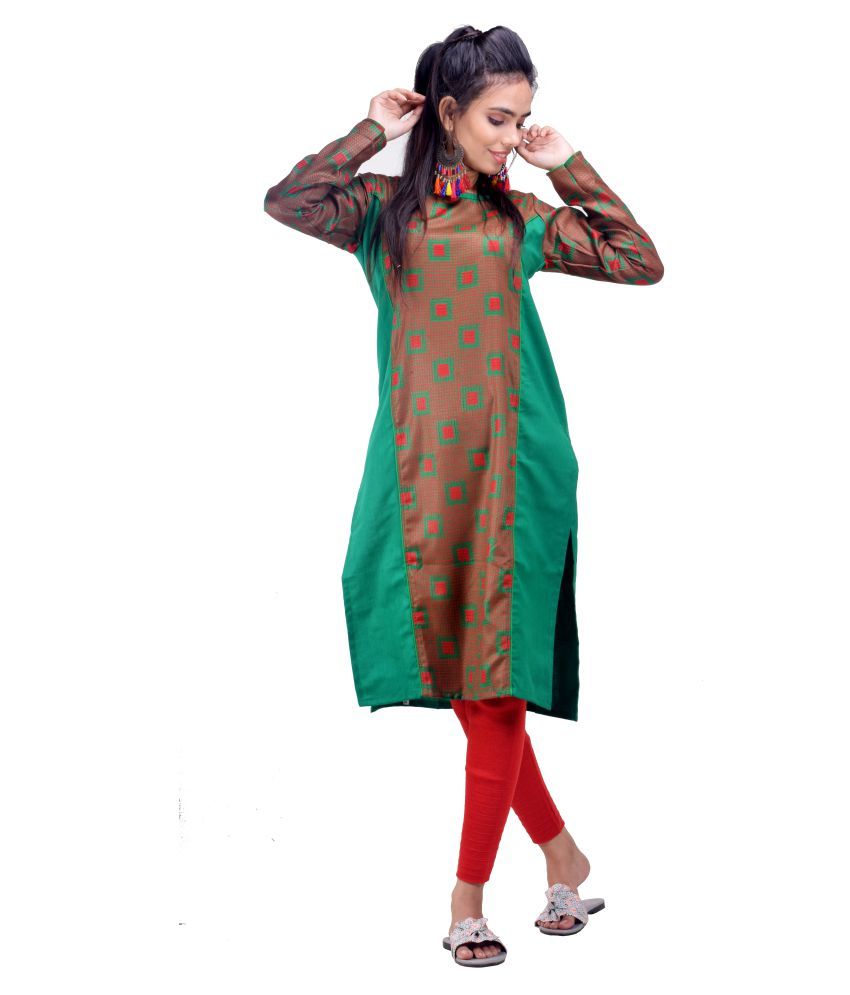     			CLYMAA Green Jacquard Straight Kurti